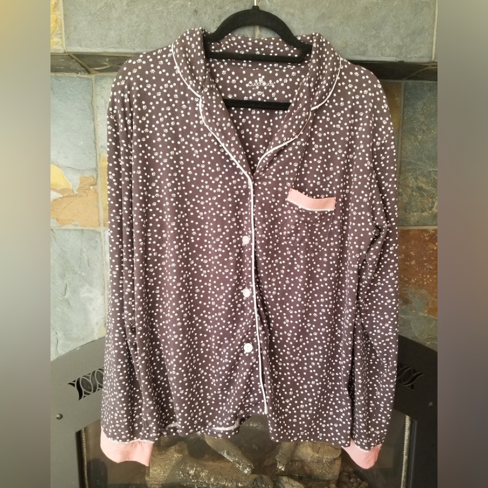 Cuddl Duds Paw Print Pajama Set Brown White and Pink- Button up top, loose pants